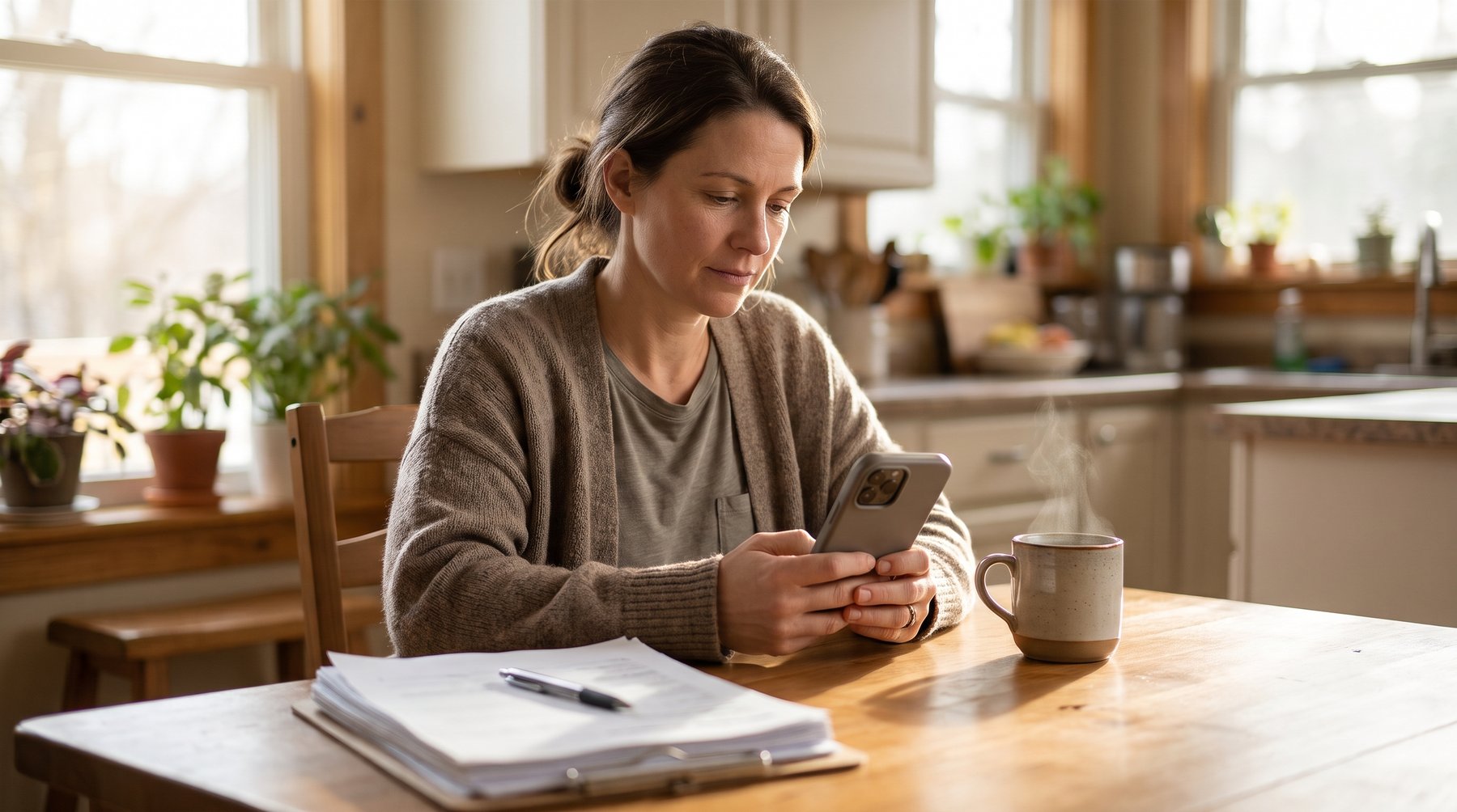 Woman at a kitchen table with paperwork, answering MAE guided intake questions on her phone