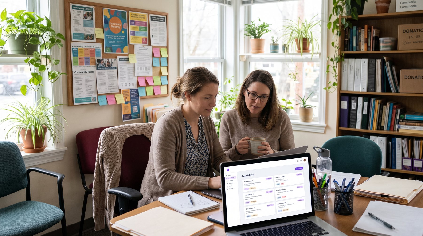 Two staff members reviewing case referrals in the MAE provider portal on a laptop